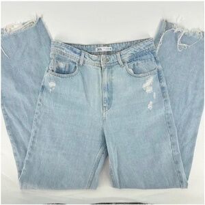 Zara High Waisted Raw Hem Distressed Trendy Wide Leg Jeans